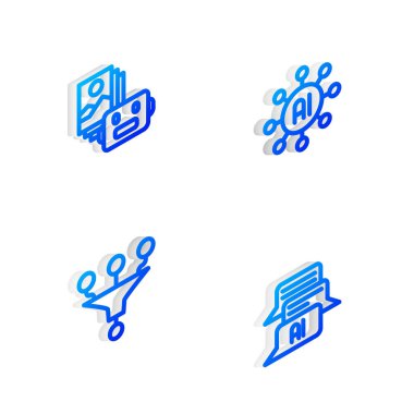 Isometric hattı sinirsel ağ yapay zeka robotu huni filtresi ve sohbet simgesini ayarla. Vektör.