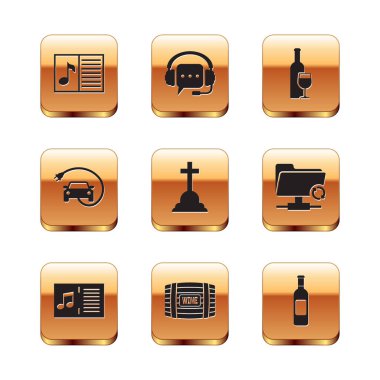 Müzik kitabını not al, şarap için tahta fıçı, Tombstone haçı, elektrikli araba ve şarap şişesi ikonu. Vektör