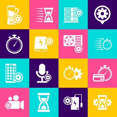 Kum saati ayarı, hızlı ödemeler, Stopwatch, Sunucu, Güç Bankası ve simge. Vektör