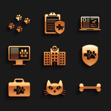 Veterinerlik, kedi, köpek kemiği, hayvan sağlığı sigortası, evcil hayvan ilk yardım çantası ve klinik kayıt ikonu. Vektör