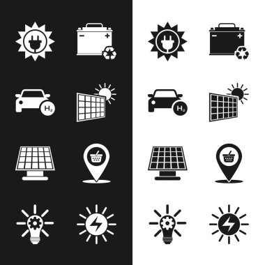 Güneş enerjisi paneli, güneş, hidrojen arabası geri dönüşümlü araba aküsü, konum alışveriş septi ve ampul dişli ikonu ayarla. Vektör