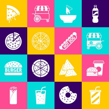 Bardakta su, kahve ve burger, Fast street food seti, tabakta nachos, pizza, dilimlenmiş pizza ve Hotdog sandviç ikonu. Vektör