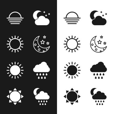 Ay 'ı ve yıldızları, Güneş' i, Güneş 'i, Güneş' i, Bulut 'u Ay' ı, yağmuru ve ikonu. Vektör