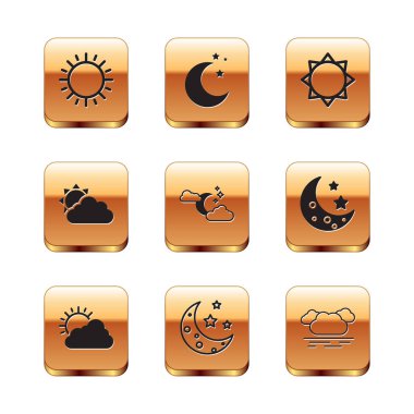 Güneşin batışı, bulutların havası, ay yıldızları, uydulu bulut ve ikon. Vektör