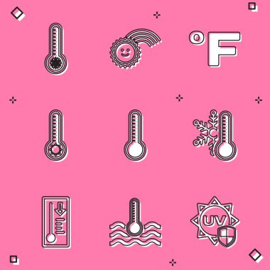 Meteoroloji termometresi, güneşli Gökkuşağı, Fahrenheit, termometre kar tanesi ve su ikonu ayarla. Vektör