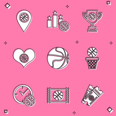 Basketbol topu, spor şampiyonu podyumu, ödül kupası, kalp, basketbol, ve saat ve oyun ikonu. Vektör