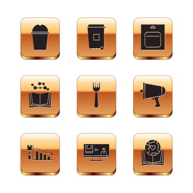 Kağıt bardak suyu, ekoloji bilgisi, plastik kirliliği durdurun, kullan-at çatal, açık kitap, pil paketi, toprak küresi ve çöp kutusu ikonu. Vektör