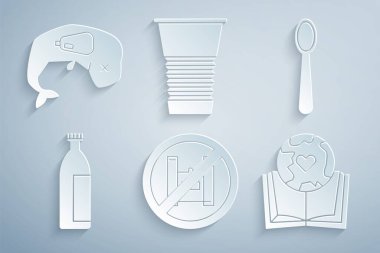 Plastik poşet posterine, tek kullanımlık kaşığa, losyon kozmetik tüpüne, toprak küreye ve kitaba, kağıt cama ve çevre koruma balinasına hayır deyin. Vektör