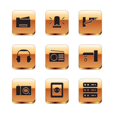 Printer, Photo camera, Electrical outlet, Radio, Kulaklıklar, Security, Server, Data, Web Sunucusu ve Flasher siren simgesini ayarla. Vektör