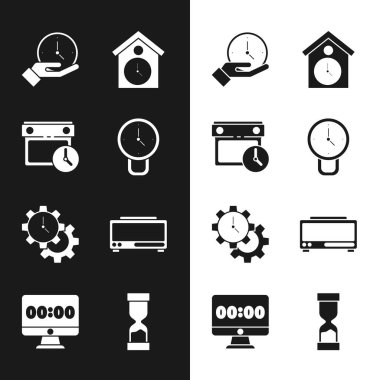 Saat, takvim ve saati ayarla, Retro duvar saati, Zaman Yönetimi, Dijital alarm, Eski kum saati ve monitör simgesi. Vektör