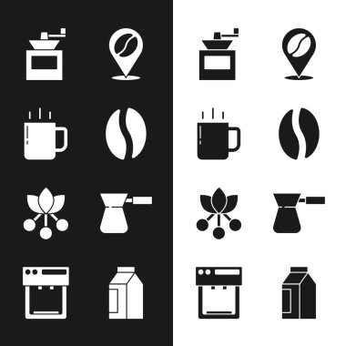 Kahve çekirdekleri, kahve fincanı, el yapımı kahve öğütücüsü, fasulye, dal, Türk, torba ve makine ikonuyla yer belirle. Vektör