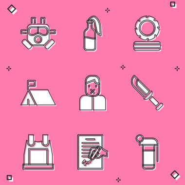 Gaz maskesi, Kokteyl molotof, yanan lastikler, Protesto kampı, sansür ve konuşma özgürlüğü, askeri bıçak, kurşun geçirmez yelek ve dilekçe ikonu. Vektör