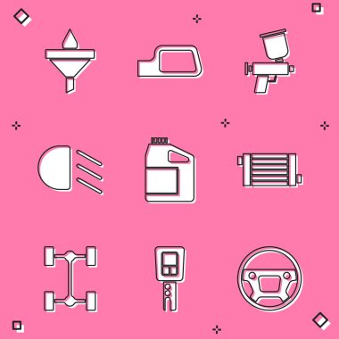 Huni ve yağ damlası, araba aynası, boya spreyi, yüksek ışın, motor için teneke kutu, radyatör soğutma sistemi, uzaktan kumandalı Chassis araba ve anahtar. Vektör