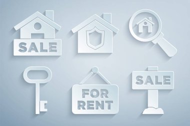 Asılma işaretini Kiralık, Arama Evi, Ev Anahtarı, Satış, Kalkan ve İkona ile ayarla. Vektör