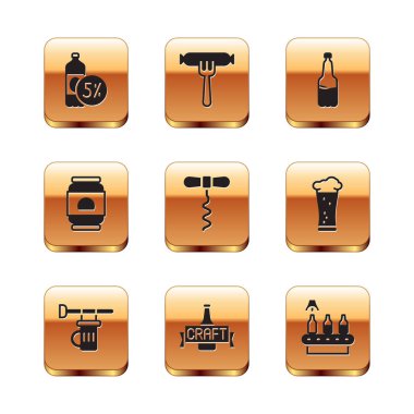 Bira şişesi, bir bardak bira, şarap tirbuşonu, kutu, plastik, konveyör bandı ve çatal simgesi Sosis. Vektör