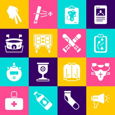 Megafon seti, Player göğüs koruyucusu, planlama stratejisi, beysbol mekanik skorbordu, arena, eldiven ve çapraz beyzbol sopası ikonu. Vektör