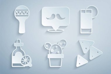 Kaktüs veya tencereye sulu, limonlu tekila bardağı, şişe, Nachos, bıyık ve Maracas ikonu. Vektör