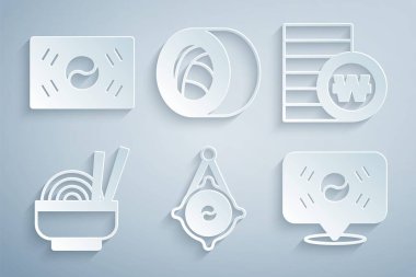 Kore feneri, Güney parası, Asya erişte kasesi, konum, suşi ve bayrak ikonu. Vektör