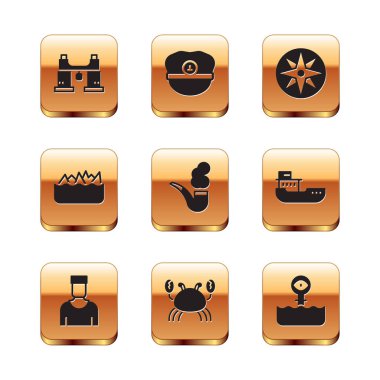 Dürbün, Denizci kaptanı, Yengeç, Tütsü piposu, Keskin taş resifleri, Rüzgar gülü, Periskop ve Kaptan şapka ikonu ayarlayın. Vektör