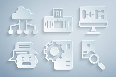 Sinirsel ağı, Algoritmayı, Chat botu, Fotoğraf rötuşlama, Yapay Zeka Yapay Zeka Yapay Zekası ve Ağ Bulut bağlantı simgesini ayarla. Vektör