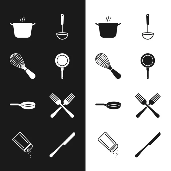 Set Sartén Batidor Cocina Olla Para Cocinar Cucharón Tenedor Cruzado — Archivo Imágenes Vectoriales
