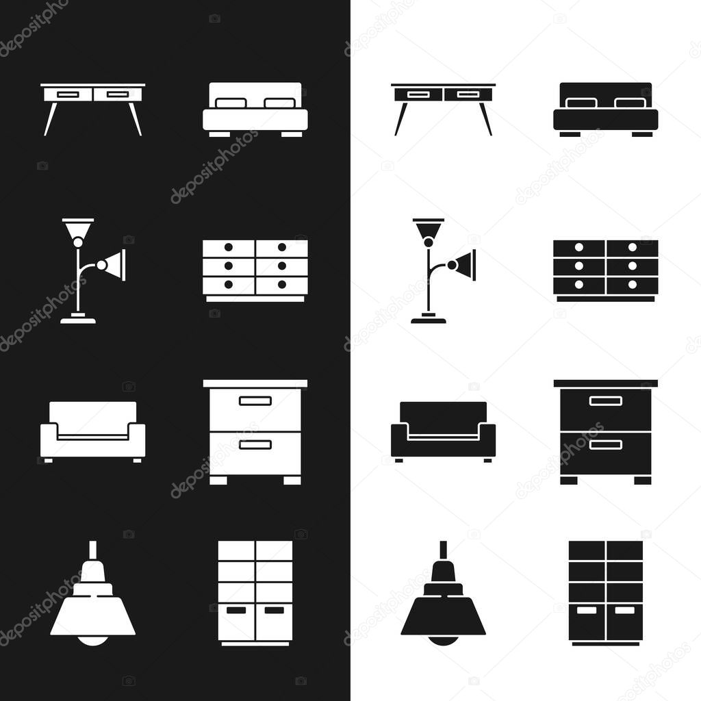 Set Chest of drawers, Floor lamp, Office desk, Big bed, Sofa, Furniture nightstand, Wardrobe and Chandelier icon. Vector