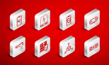 Hat hoparlörleri, güç bankası, kalkanlı akıllı telefon, Gamepad, Isometric küp, kalp atış hızı, sunucu ve saç kurutma ikonu. Vektör