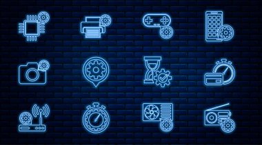 Radyo ayarları, hızlı ödemeler, oyun alanı, ayar, fotoğraf makinesi, işlemci, kum saati ve yazıcı simgesi ayarla. Vektör