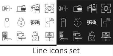 Hat VPN Bilgisayar Ağı, kablosuz dijital kapı kilidi, akıllı araba güvenlik sistemi, kalp şeklinde Castle, lütfen rahatsız etmeyin, mikroçip devresi ve dizüstü bilgisayar şifre simgesi. Vektör