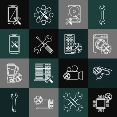 Hat işlemci servisi, güvenlik kamerası, çamaşır makinesi, sabit disk sürücüsü çapraz tornavida ve anahtar, akıllı telefon ve mobil uygulama simgesi. Vektör
