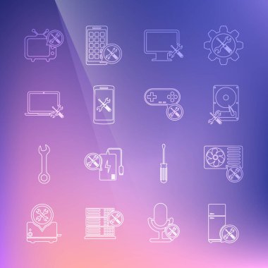 Hat soğutucu servisi, klima, sabit disk sürücüsü, bilgisayar monitörü, akıllı telefon, dizüstü bilgisayar, televizyon ve Gamepad simgesi. Vektör