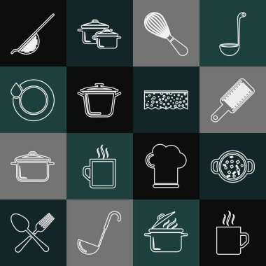 Sıralı kahve fincanı, demlikte çorba pişirme, Grater, mutfak çırpma, bulaşık yıkama, süzgeç ve köpük ikonlu sünger. Vektör