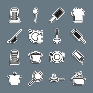 Yemek pişirme kabı, tuz ve biber, ızgara, bulaşık, mutfak kevaşesi ve kepçe ikonu. Vektör