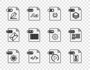 Satır MAX dosya belgesi, WAV, JS, HTML, AI, XLS, GIF ve DOC simgesini ayarla. Vektör