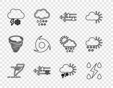 Hortum, Fırtına, Rüzgar ve yağmur, kar, bulut, şimşek, bulutlu ve ikon. Vektör