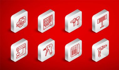 Elektrikli matkap, torba, ısıtıcı, telefon, testere, sıcak tutkal tabancası ve karıştırıcı ikonu ayarlayın. Vektör