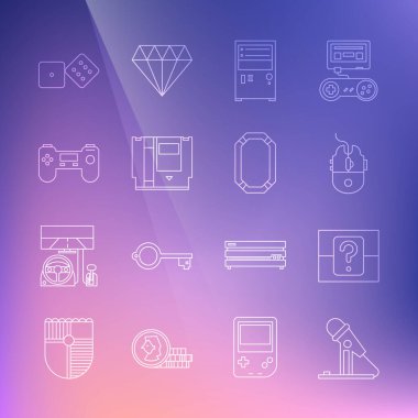 Satır çizgisi Mikrofon, Gizem ya da Rastgele Kutu, Bilgisayar fare oyunu, Kartuş, Oyun Alanı, zar ve Poker masası simgesi. Vektör