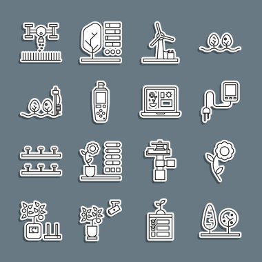 Hat Trees, Flower, Sensör, Rüzgar türbini, taşınabilir sensör, Standalone ve bitki, İHA ve tarım teknolojisi ikonu olan Smart çiftliği. Vektör