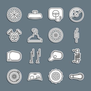Hat kapısı kolu, şok emici, susturucu, benzin istasyonunda yağ dolgu kapağı, vites kolu, motor, tekerlek ve ikon. Vektör