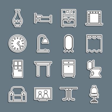Sıra sıra ofis koltuğu, klozet, perdeler, mutfak bulaşık makinesi, masa lambası, saat, vazo ve büyük boy ayna ikonu. Vektör