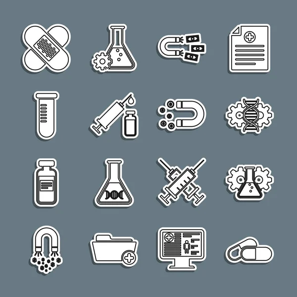 Definir Linha Medicina Pílula Comprimido Bioengenharia Edição Genes Ímã Com —  Vetores de Stock