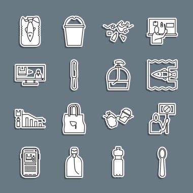 Tek kullanımlık plastik kaşık, doğa koruma protestosu, okyanus kirliliğini durdurma gezegen, bıçak ve şişe sabun ikonu sorunu. Vektör