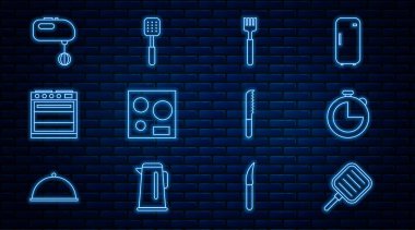 Hattı ayarla, mutfak zamanlayıcısı, çatal, elektrikli soba, fırın, karıştırıcı, ekmek bıçağı ve Spatula ikonu. Vektör