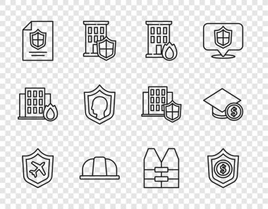 Kalkanlı bir uçak ayarlayın, Kalkan Doları, yanan evde yangın, işçi kaskı, sözleşme, hayat sigortası, ceket ve mezuniyet şapkası ve para ikonu. Vektör