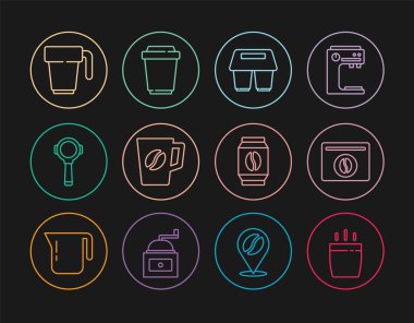 Sıra kahve fincanı, paket kahve çekirdekleri, filtre tutacağı ve ikon. Vektör