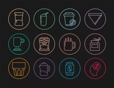 Set hattı Barista, Manuel kahve öğütücü, kahve fincanı, makine, İrlandalı, bardağı taşıran damla ve milkshake ikonu. Vektör