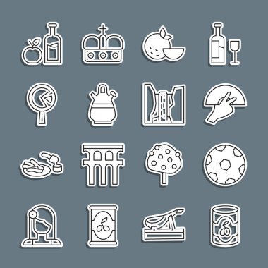 Konserve zeytin, futbol topu, fan flamenko, portakal meyvesi, sangria sürahisi, omlet kızartma tavası, elma şarabı şişesi ve Algar şelalesi ikonu. Vektör