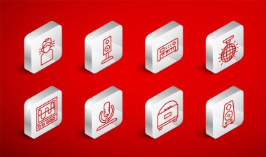 Stereo hoparlörü, müzik sentezleyicisi, disko topu, kulaklıklı adam, mikrofon ve osiloskop simgesi. Vektör