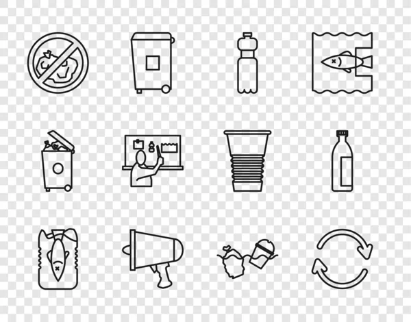 设置线制止海洋塑料污染 传播世界 扩音器 没有垃圾 问题和洗涤剂化妆品管图标 — 图库矢量图片