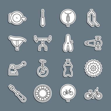 Hat, bisiklet, kaset, teçhizatlı zincir, gidon, koltuk, zil ve ikon. Vektör